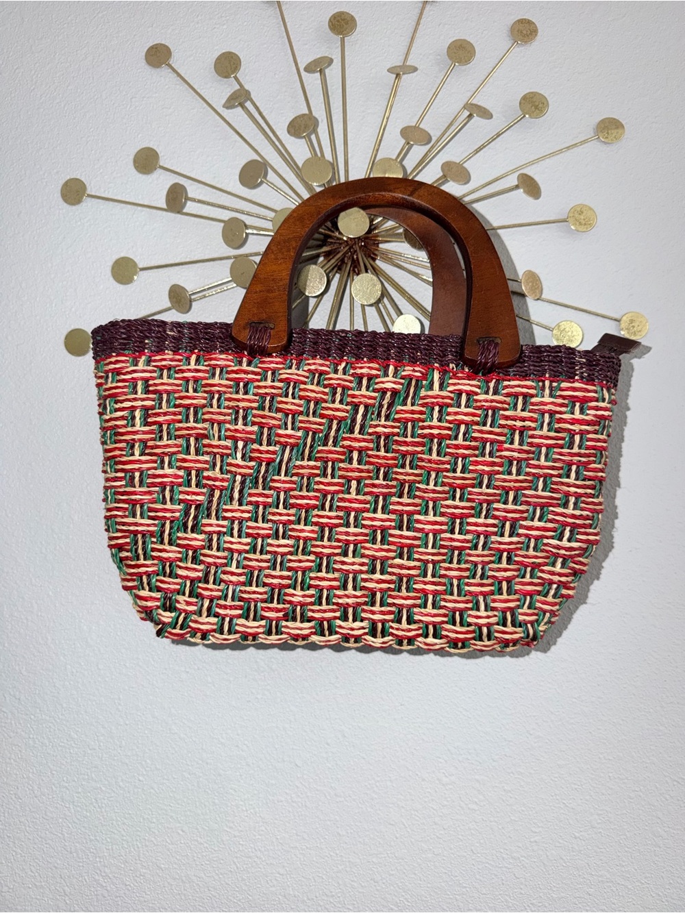 Woven Straw Tote Bag with Wood Handles - Red, Green, Cream